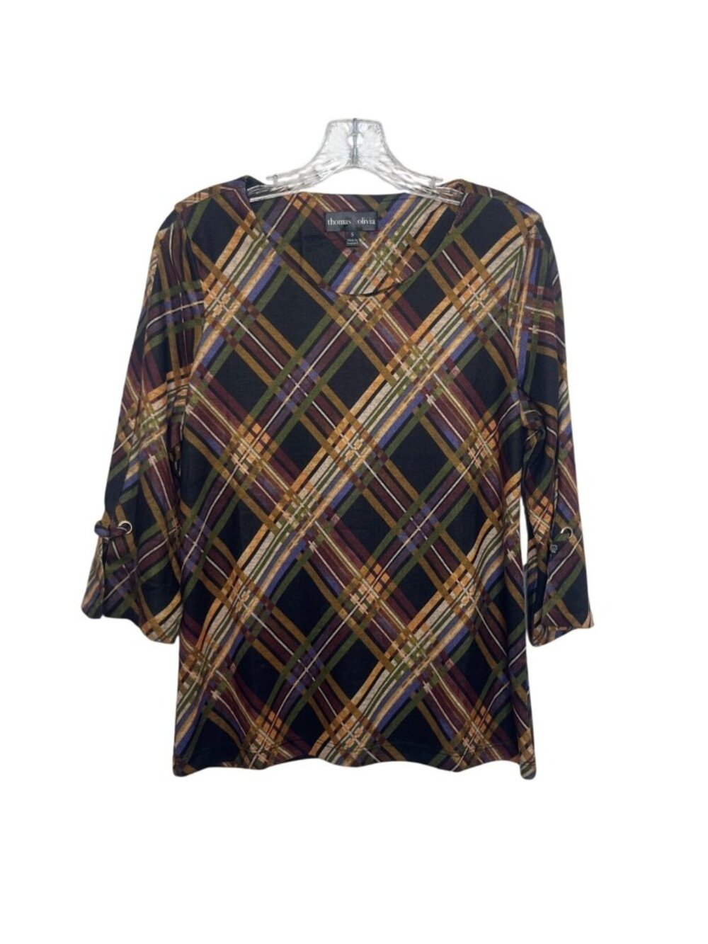Thomas & Olivia Plaid Top Shirt Small Multicolor New 3/4 Sleeves
